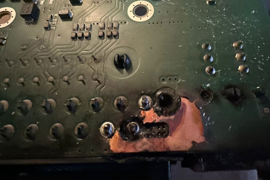 Uszkodzona płyta główna wzmacniacza Harman Kardon z BMW po zalaniu i przepaleniu ścieżek, przykład modułu nienaprawialnego. Uszkdzenia wewnątrz struktry płyty głównej.