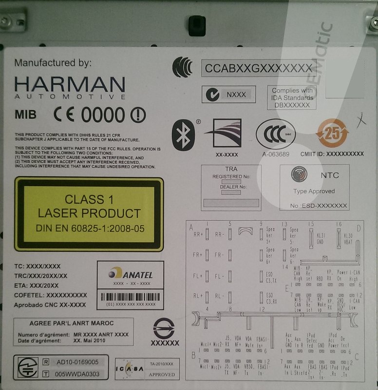 Naklejka znamionowa jednostki MIB Harman Becker ze schematem podłączenia głośników (FR, FL, RL, RR) i rozpiska pinów złącza audio