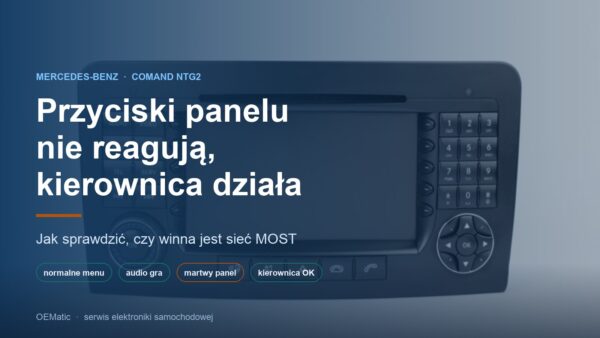 Panel przedni Mercedes COMAND NTG2 z opisem wzorca objawu: normalne menu, działające audio, martwa klawiatura panelu, sprawne sterowanie z kierownicy