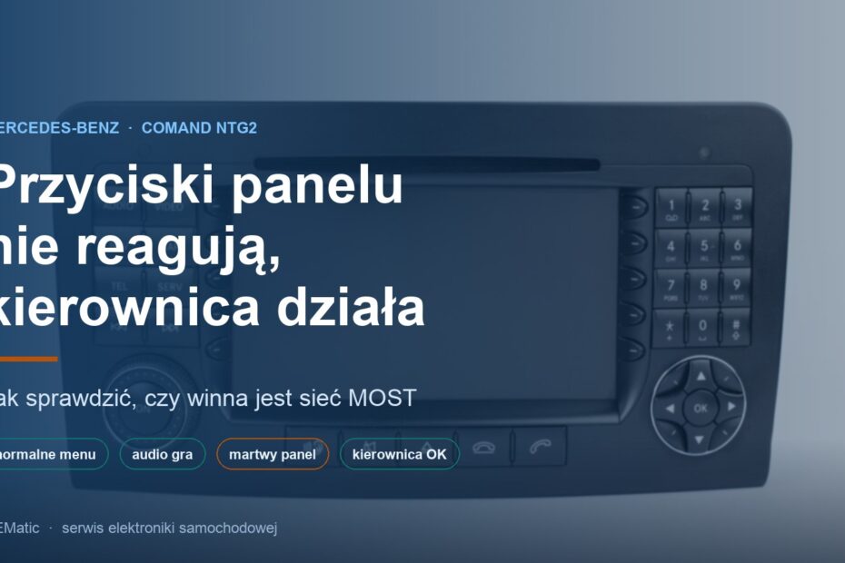Panel przedni Mercedes COMAND NTG2 z opisem wzorca objawu: normalne menu, działające audio, martwa klawiatura panelu, sprawne sterowanie z kierownicy